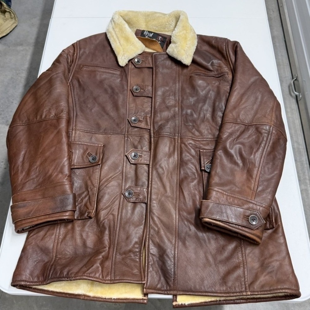 Vintage Leather Car Coat Mens XL Brown Good Faux Shearling Lined Button Front